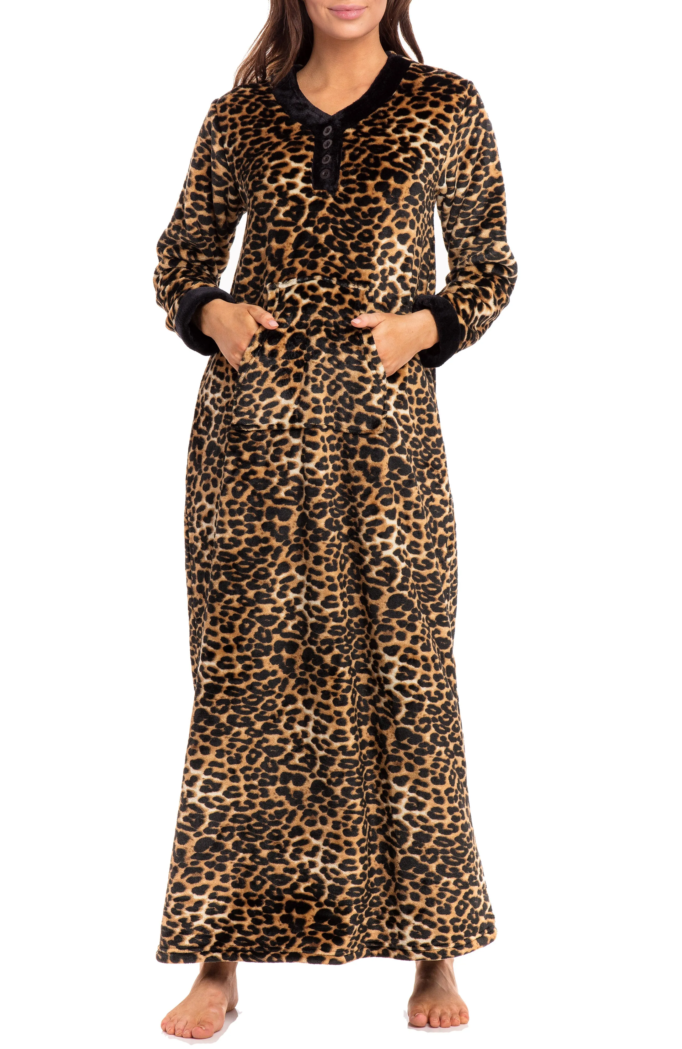 Women's Warm Fleece Long Nightgown, Long Kaftan with Pockets for Winter