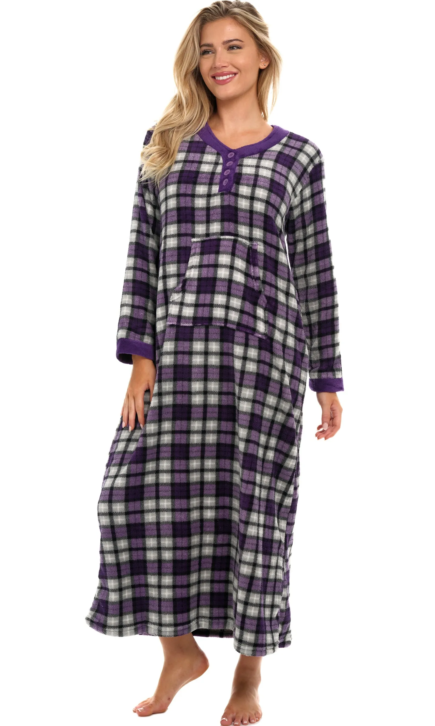 Women's Warm Fleece Long Nightgown, Long Kaftan with Pockets for Winter