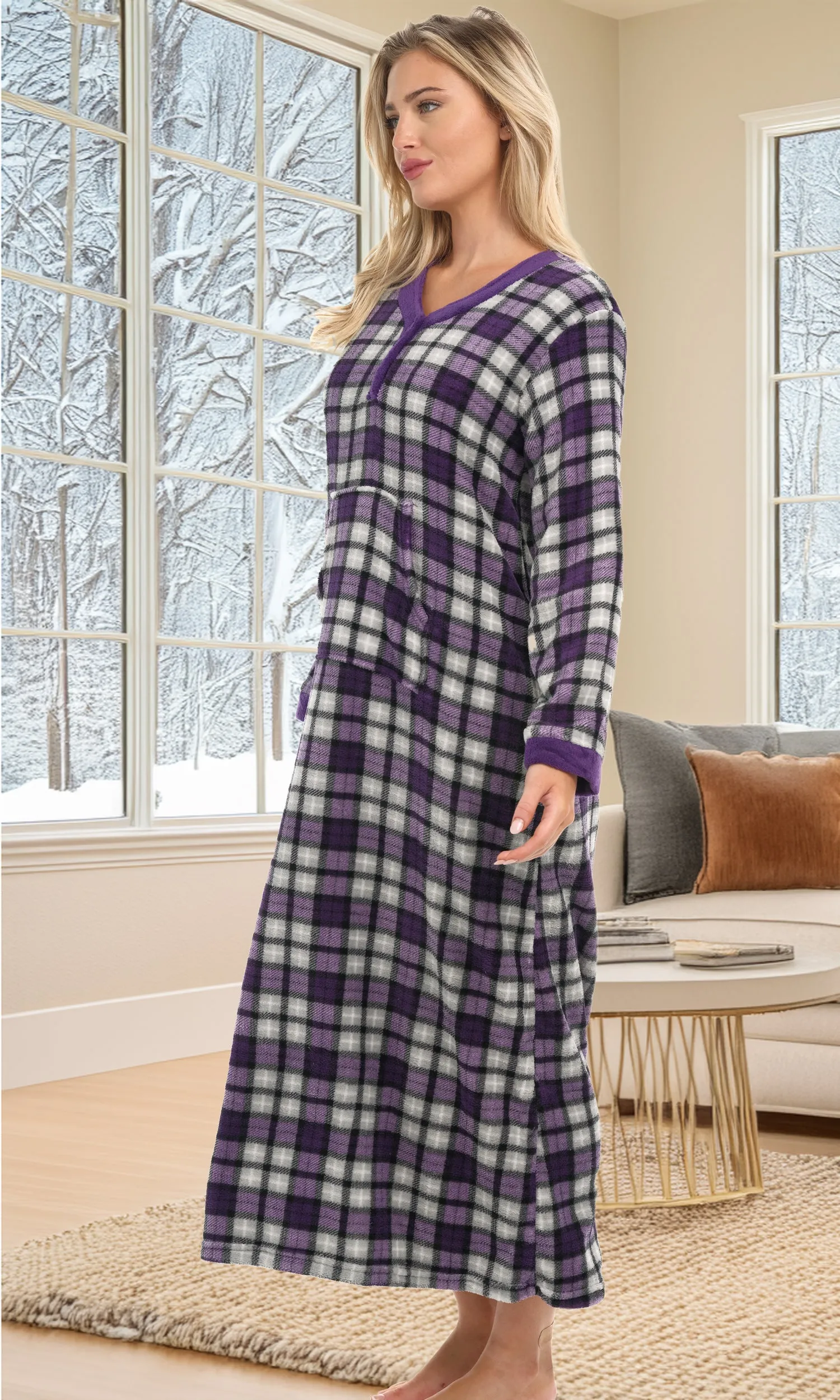 Women's Warm Fleece Long Nightgown, Long Kaftan with Pockets for Winter