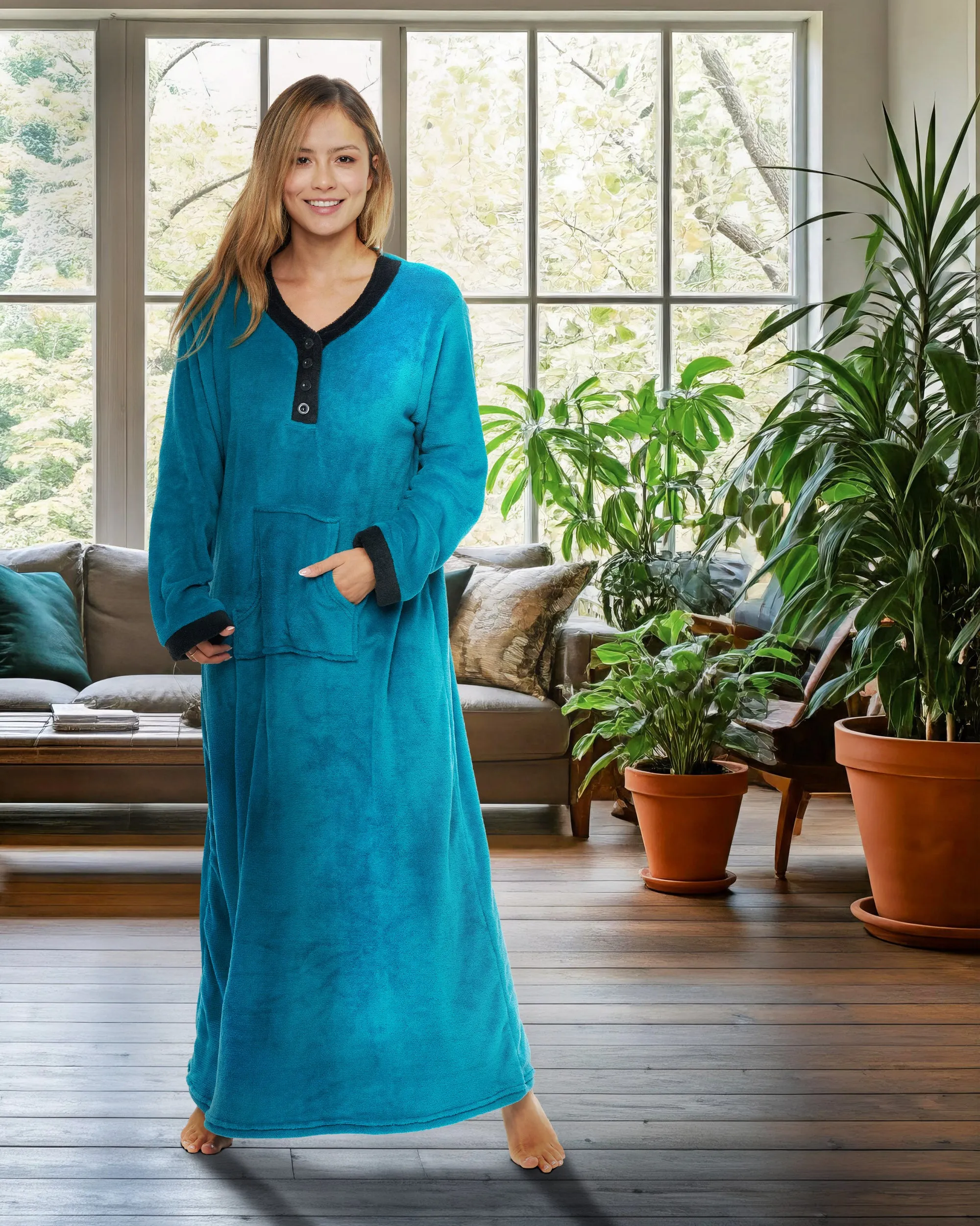 Women's Warm Fleece Long Nightgown, Long Kaftan with Pockets for Winter