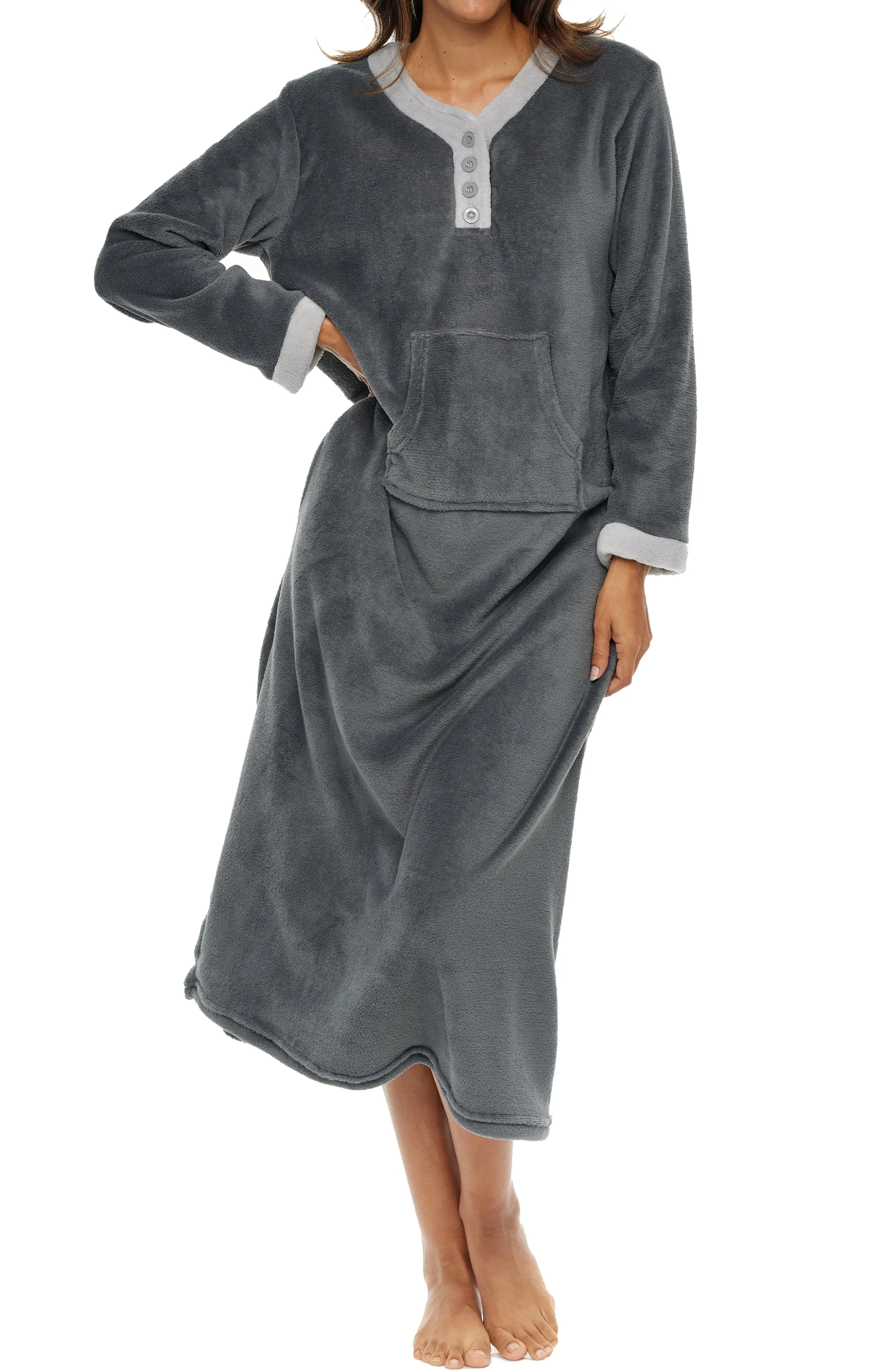 Women's Warm Fleece Long Nightgown, Long Kaftan with Pockets for Winter