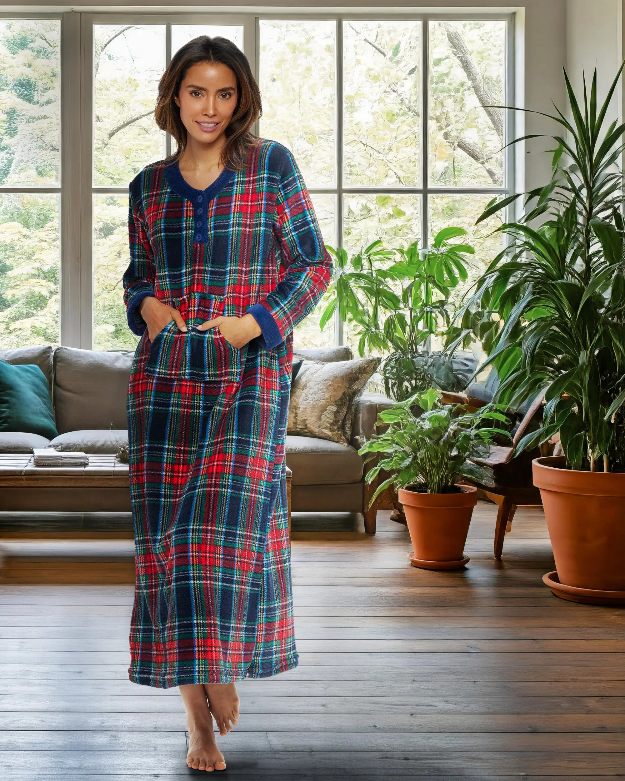 Women's Warm Fleece Long Nightgown, Long Kaftan with Pockets for Winter